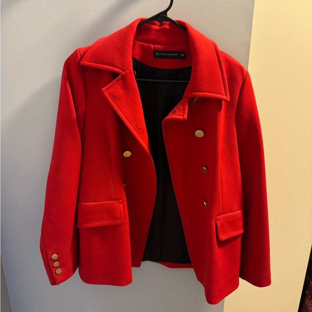 Zara Women's Red Pea Coat with Gold Buttons